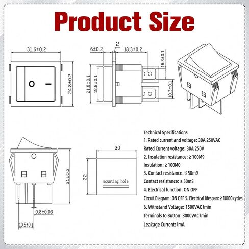 30A 250V KCD4 مفتاح هزاز أحمر مضاء، مفتاح هزاز DPDT 4 دبوس للخدمة الشاقة 120 فولت DPST Rocker Toggle مفاتيح تشغيل وإيقاف للأجهزة المنزلية للقارب والسيارات، قطعتان in Kuwait
