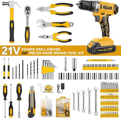 Sundpey 267-Piece Tool Kit with Drill - Basic General Home Complete Repair Portable Tool Set with 21V Cordless Drill & 2.0Ah Battery & Charger in Drawer Storage Toolbox for Apartment Office Garage in Saudi Arabia