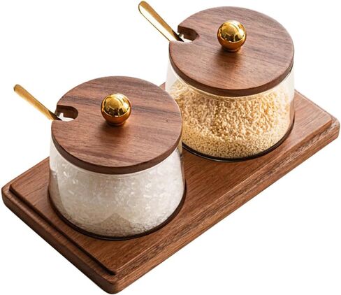 Condiment Containers Set with Acacia Wood Lids and Tray Seasoning Box Condiment Pots Jars with Spoons for Spice Salt Sugar Cruet (Gold Top, 2 Jars with Tray) in Saudi Arabia