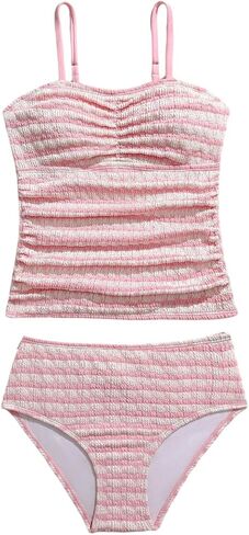 RoseSeek Girl's 2 Piece Jacquard Striped Tankini Set Ruched Front High Waisted Bathing Suits Swimsuits Set in Kuwait