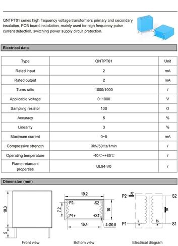 QNTCT01 محول تيار عالي التردد CT PCB Mount 200 1 1A/5mA 5A/25mA الجهد المستخدم لمحطات الشحن (QNTPT01 2mA 2mA) in Kuwait