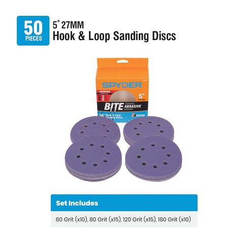 Spyder 50-Pack Assorted Grit Sanding Discs, Includes 60, 80, 120, & 180 Grit, Ceramic with Stearate, 5-Inch 8-Hole Hook and Loop, for Random Orbital Sander (500098) in Kuwait