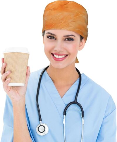 Warm Orange Marble Print Scrub Caps Women Men, Adjustable Nurse Cap Surgical Caps Scrub Hats for Women Men, Working Cap with Buttons for Hanging Face Masks in Kuwait