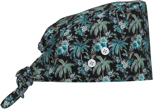 Blue Palm Tree Flowers Print Scrub Caps Women Men, Adjustable Nurse Cap Surgical Caps Scrub Hats for Women Men, Working Cap with Buttons for Hanging Face Masks in Kuwait