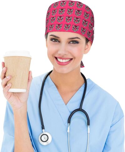 Cool Pink Tiger Print Scrub Caps Women Men, Adjustable Nurse Cap Surgical Caps Scrub Hats for Women Men, Working Cap with Buttons for Hanging Face Masks in Kuwait