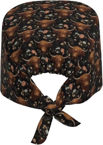 Retro Floral Cow Print Scrub Caps Women Men, Nurse Cap Surgical Caps Scrub Hats for Women Men, Adjustable Working Cap with Sweatband Black in Kuwait