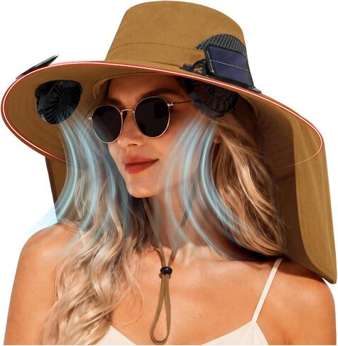 2 in 1 Wide Brim Sun Hat with 2 Solar Fans Sunshade UPF 50+ Garden Outdoor Fishing Beach Essential in Kuwait