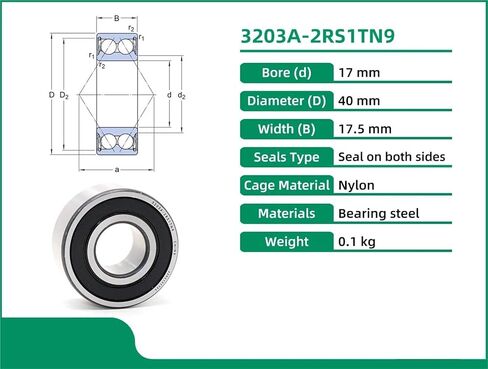 1PCS 3203A-2RS1TN9 17x40x17.5 5203-2RS Double Row Angular Contact Ball Bearing with Seals in Kuwait