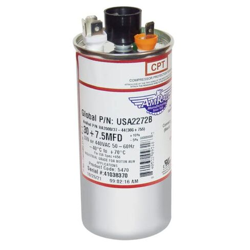 30/7.5 فائق التوهج MFD 370 440 VAC مكثف تشغيل مزدوج JustCapacitors بديل متوافق لـ AmRad USA2272B P/N RA2000/37-44(306+755) in Kuwait
