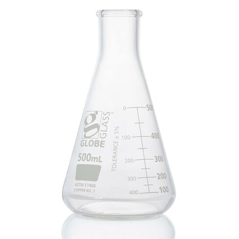 Globe Glass, Erlenmeyer Flask, 500mL, Heavy Duty, Narrow Mouth, Dual Graduations, ASTM E1406, 1/Box in Kuwait