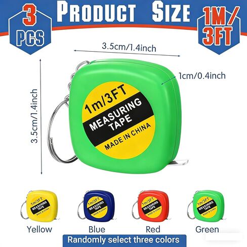 3Pcs Mini Tape Measure Keychain 1m/3ft Retractable with Slide Lock Metal Key Ring for DIY Office Travel Party Favors,3Color, Random in Kuwait