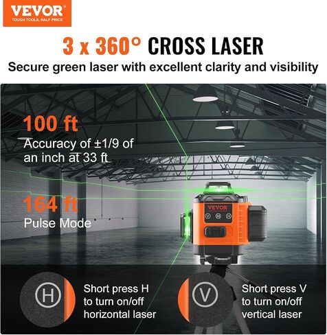 VEVOR 100ft Self Leveling Laser Level, Manual Green 3 x 360° Cross Line Laser, Manual Self-leveling Mode 12 Lines Laser, IP54 Waterproof 8h Continuous Working Time Line Laser in Kuwait