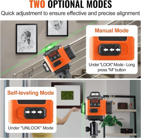 VEVOR 100ft Self Leveling Laser Level, Manual Green 3 x 360° Cross Line Laser, Manual Self-leveling Mode 12 Lines Laser, IP54 Waterproof 8h Continuous Working Time Line Laser in Kuwait