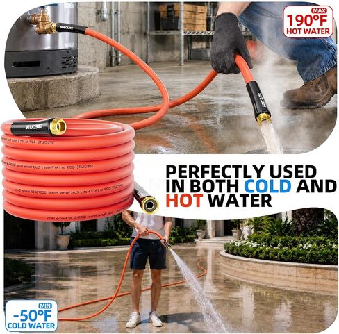 خرطوم مياه حديقة SPECILITE 5 طبقات 5/8 بوصة ساخن/بارد 50 قدم، انفجار 1200 رطل لكل بوصة مربعة، -50 درجة فهرنهايت إلى 190 درجة فهرنهايت، مرن وخفيف الوزن، أنبوب مطاطي عالي التحمل مع تركيبات نحاسية 3/4 بوصة لجميع الأحوال الجوية في الهواء الطلق، ساحة، أحمر in Kuwait