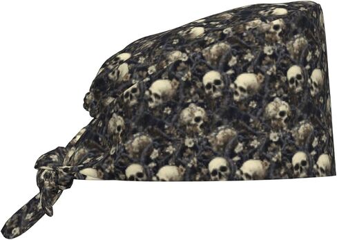 Skull Flower Vine Dark Print Scrub Caps Women Men, Nurse Cap Surgical Caps Scrub Hats for Women Men, Adjustable Working Cap with Sweatband in Kuwait
