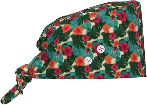 Colorful Tropical Flowers Print Scrub Caps Women Men, Adjustable Nurse Cap Surgical Caps Scrub Hats for Women Men, Working Cap with Buttons for Hanging Face Masks in Kuwait