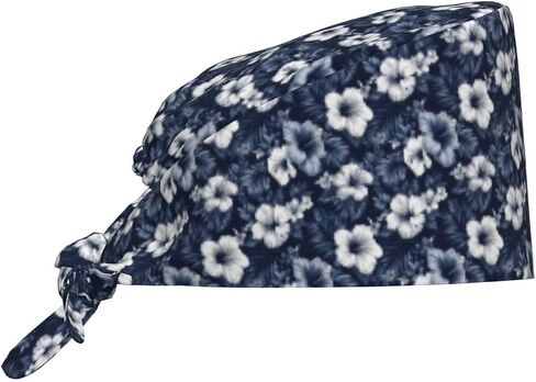 Navy Blue Tropical Flowers Print Scrub Caps Women Men, Nurse Cap Surgical Caps Scrub Hats for Women Men, Adjustable Working Cap with Sweatband in Kuwait
