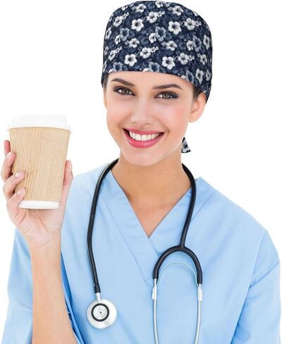 Navy Blue Tropical Flowers Print Scrub Caps Women Men, Nurse Cap Surgical Caps Scrub Hats for Women Men, Adjustable Working Cap with Sweatband in Kuwait