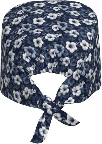 Navy Blue Tropical Flowers Print Scrub Caps Women Men, Nurse Cap Surgical Caps Scrub Hats for Women Men, Adjustable Working Cap with Sweatband in Kuwait