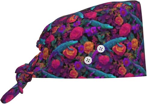 Tropical Floral Neon Crocodile Print Scrub Caps Women Men, Adjustable Nurse Cap Surgical Caps Scrub Hats for Women Men, Working Cap with Buttons for Hanging Face Masks in Kuwait
