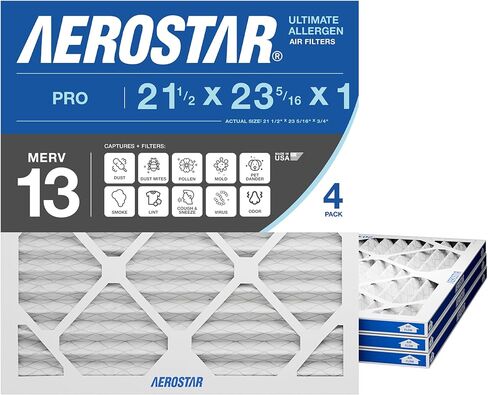 Aerostar 21 1/2x23 5/16x1 MERV 13 High Efficiency Pleated Air Filter, 6-Pack, Electrostatic AC Furnace HVAC Replacement, Captures Smoke Bacteria Allergy Dust Pollen Pet Dander (21.5x23.3125x0.75) in Kuwait