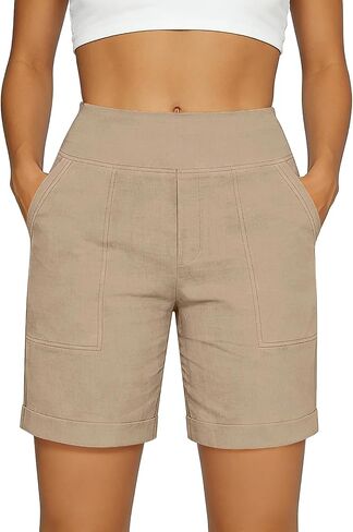 Womens Linen Shorts High Waisted Tummy Control Summer Shorts Above Knee Length Bermuda Short Pull On Lounge Short in Kuwait