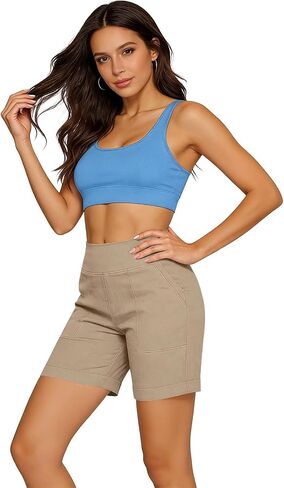 Womens Linen Shorts High Waisted Tummy Control Summer Shorts Above Knee Length Bermuda Short Pull On Lounge Short in Kuwait