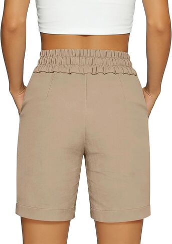 Womens Linen Shorts High Waisted Tummy Control Summer Shorts Above Knee Length Bermuda Short Pull On Lounge Short in Kuwait