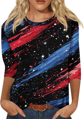 250 Anniversary USA Shirt for Womens 3/4 Sleeve Patriotic Tops USA Flag Print Ribbed Casual Shirts in Kuwait