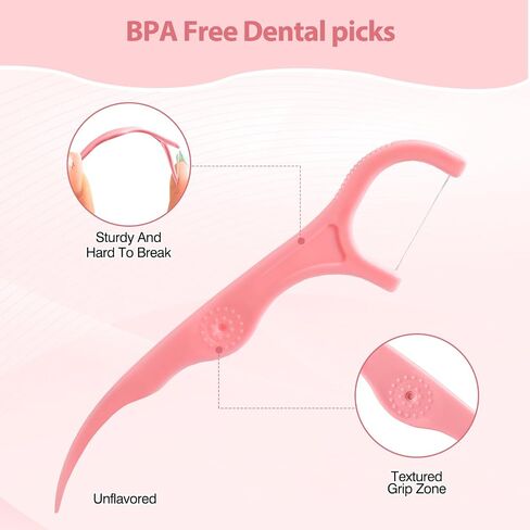 Floss Picks 300 Count Portable Dental Floss Sticks For Teeth Cleaning Dual Function Disposable Dental Floss Picks Comfortable Ergonomic Handle Tooth Picks Flossers 6 Travel Cases Pink in Kuwait