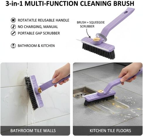 3-in-1 Multi-Purpose Cleaning Brush with Rotating, Reusable Plastic Handle, Uncharged Manual Operation, Portable Gap Scrubber for Bathroom and Kitchen Tile, Wall and Floor Cleaning in Saudi Arabia