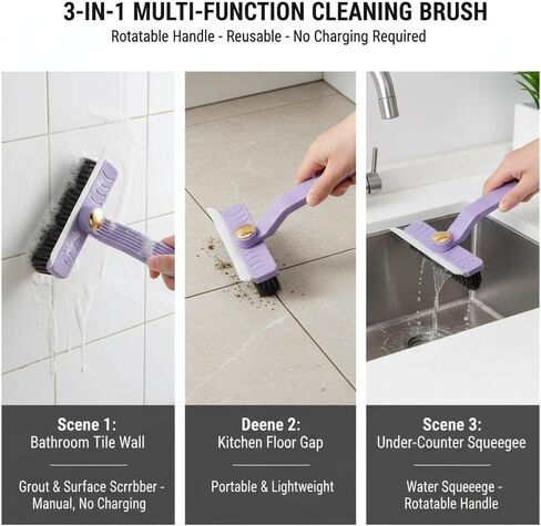 3-in-1 Multi-Purpose Cleaning Brush with Rotating, Reusable Plastic Handle, Uncharged Manual Operation, Portable Gap Scrubber for Bathroom and Kitchen Tile, Wall and Floor Cleaning in Saudi Arabia