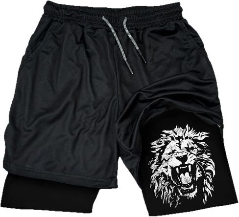 شورت جري رجالي 2 في 1 من IRON PANDA مع بطانة، سريع الجفاف وتدريبات صالة الألعاب الرياضية وجيب يزأر الأسد in Kuwait