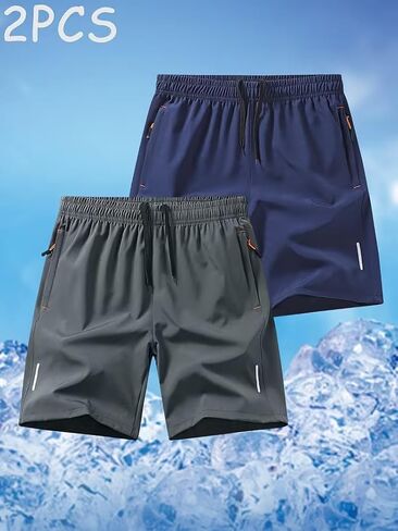 2Pcs Men's Athletic Shorts Quick Dry Workout Running Shorts Lightweight Gym Basketball Short Pants with Zipper Pockets in Kuwait