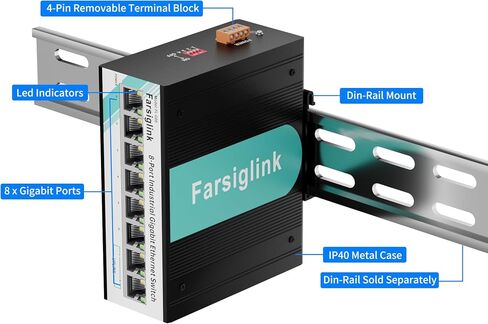 8 منافذ جيجابت صناعية DIN-Rail محول شبكة صغير، التوصيل والتشغيل | 2 منفذ جيجابت للوصلة الصاعدة، سعة تحويل 16 جيجابت في الثانية، محول إيثرنت بتصنيف IP40 (-40 إلى 176 درجة فهرنهايت)، تشغيل/إيقاف منع عاصفة البث in Kuwait