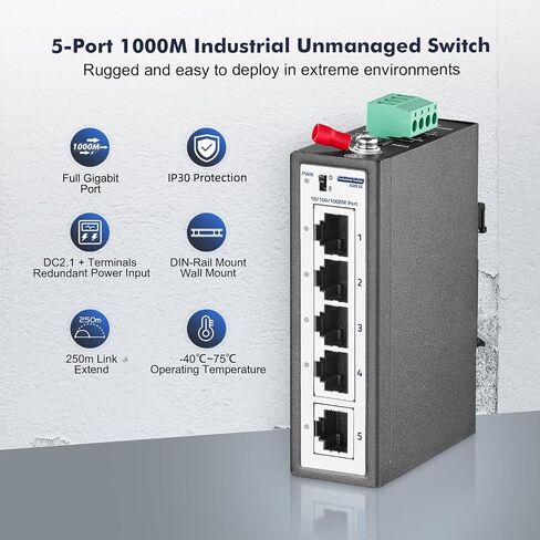 5 منافذ Mini Gigabit Industrial DIN-Rail Switch، 4 x 100/1000Mbps Ports، 1 Gigabit Uplink، Din Rail & Wall Mount متضمن، IP30 غير مُدار (-40 ~ 185 درجة فهرنهايت) محول إيثرنت صناعي YuLinca مقوى in Kuwait