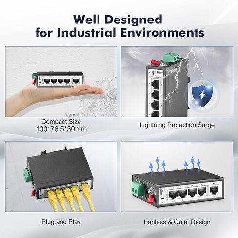 5 منافذ Mini Gigabit Industrial DIN-Rail Switch، 4 x 100/1000Mbps Ports، 1 Gigabit Uplink، Din Rail & Wall Mount متضمن، IP30 غير مُدار (-40 ~ 185 درجة فهرنهايت) محول إيثرنت صناعي YuLinca مقوى in Kuwait