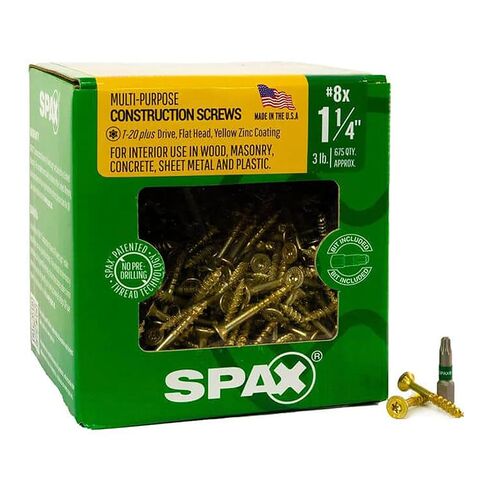 #8 x 1-1/4" Interior Flat Head Construction Wood Screws (675 pcs) T20+ T-Star Plus Yellow Zinc in Kuwait