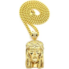 Shiny Jewelers USA Mens Hip Hop Iced Out Gold God Jesus Face Pendant Cuban Link Chain Necklace