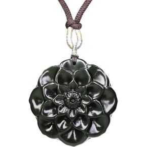 Natural Obsidian Gemstones Hand Carved Lotus Flowers Bead Pendant Brown Rope Necklace 22 Inch