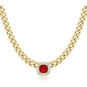 Gold Necklace for Women, 14k Gold Plated Cuban Link Chain with White/Emerald/Garnet Heart/Square/Round Zirconia Solitaire Pendant Necklace, Cute Dainty Necklace for Anniversary Christmas Gifts
