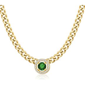 Gold Necklace for Women, 14k Gold Plated Cuban Link Chain with White/Emerald/Garnet Heart/Square/Round Zirconia Solitaire Pendant Necklace, Cute Dainty Necklace for Anniversary Christmas Gifts