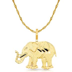 14K Yellow Gold Elephant Charm Pendant with 1.2mm Singapore Chain Necklace