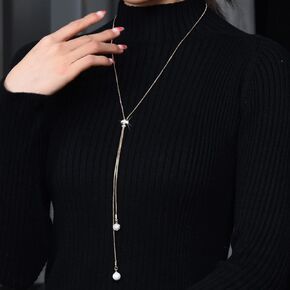 Chargances Rhinestone Long Pendant Necklace for Women Pearl Statement Sweater Necklace Gold Plated Crystal Pearl Necklace Fashion Jewelry Women Gifts