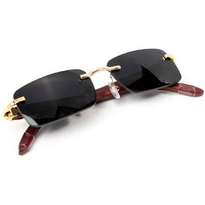 Rimless Gold Frame Vintage Designer Buffs Wood Sun Glasses Unisex Hip Hop Rectangle Sunglasses For Men Women Dark BlackTint Square Retro 90s Old School Frameless Shades For Men