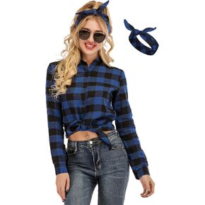 Women's Casual Long Sleeve Plaid Button Down Shirt Blouse Tops with Headband