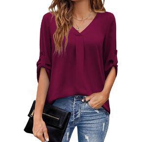U.Vomade Women's 3/4 Cuffed Sleeve Chiffon V Neck Casual Shirts for Women S-XL
