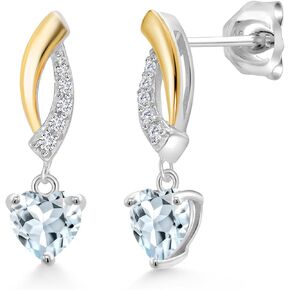 Gem Stone King 0.90 Ct Sky Blue Aquamarine G/H Lab Grown Diamond 925 Silver and 10K Yellow Gold Earrings