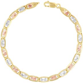 Nuragold 10k Three Tone Yellow Rose White Gold 5mm Valentin Link Anchor Chain Bracelet, Womens Mens 7" 7.5" 8" 8.5" 9"