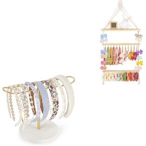 داهي حامل عصابة الرأس وحامل القوس المكرمية للفتيات حامل عصابة الرأس مع رف خشبي بوهو نورسي ديكور عصابة الرأس منظم تخزين حبال الشعر والأساور للنساء والفتيات in Kuwait